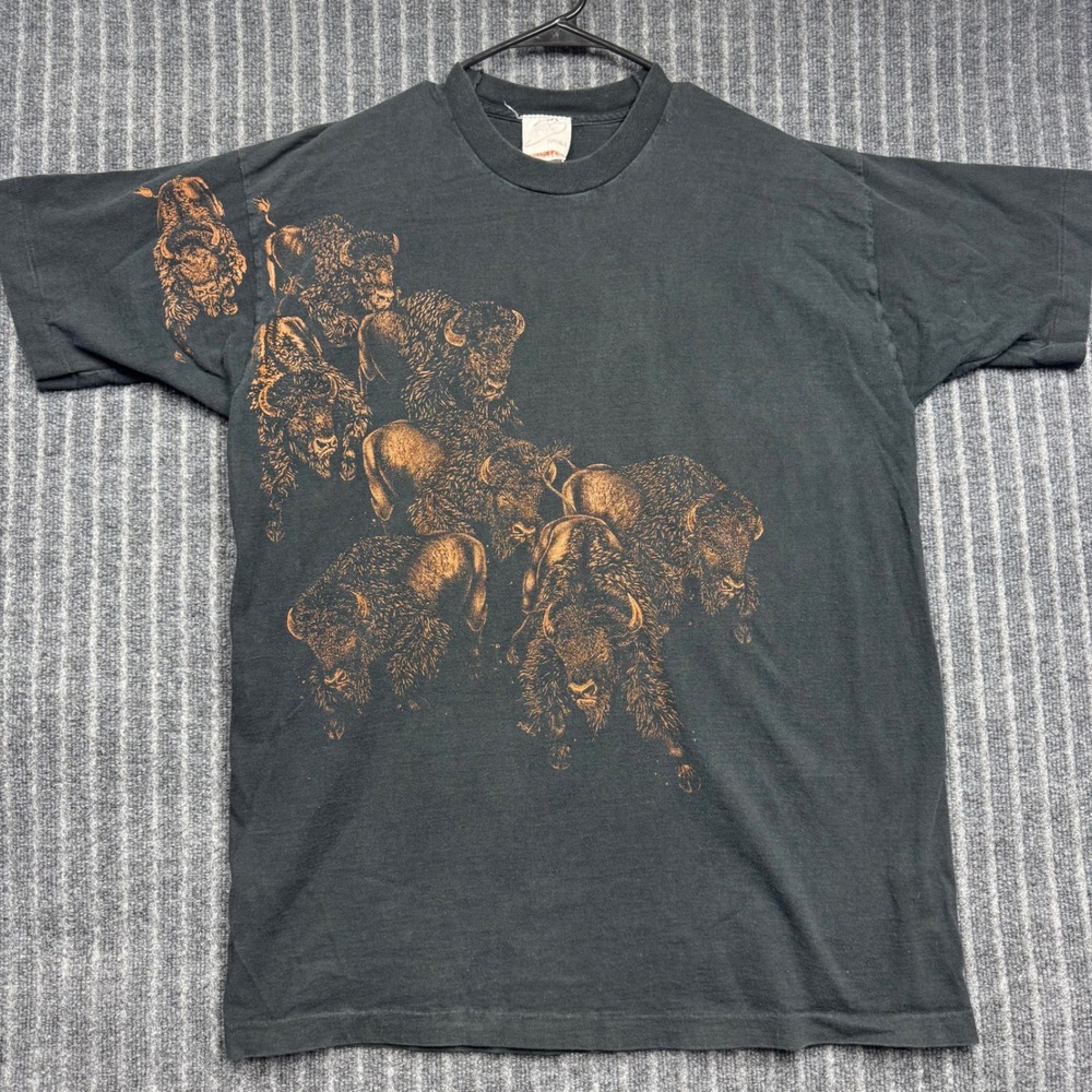 Vintage Fruit of the Loom Buffalo Graphic T-Shirt XXL Black Wrap Print (2296)